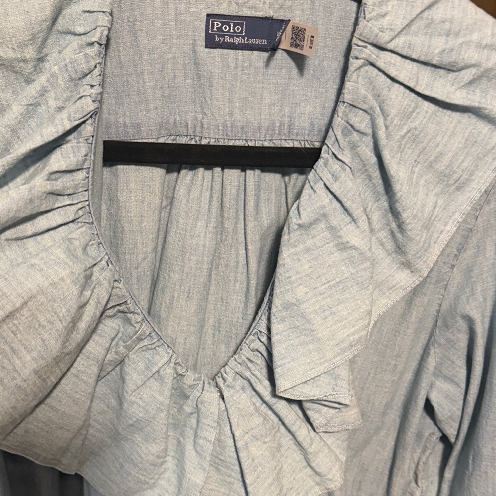 Polo by Ralph Lauren Chambray Ruffle Front Top in Light Blue - Picture 2 of 5